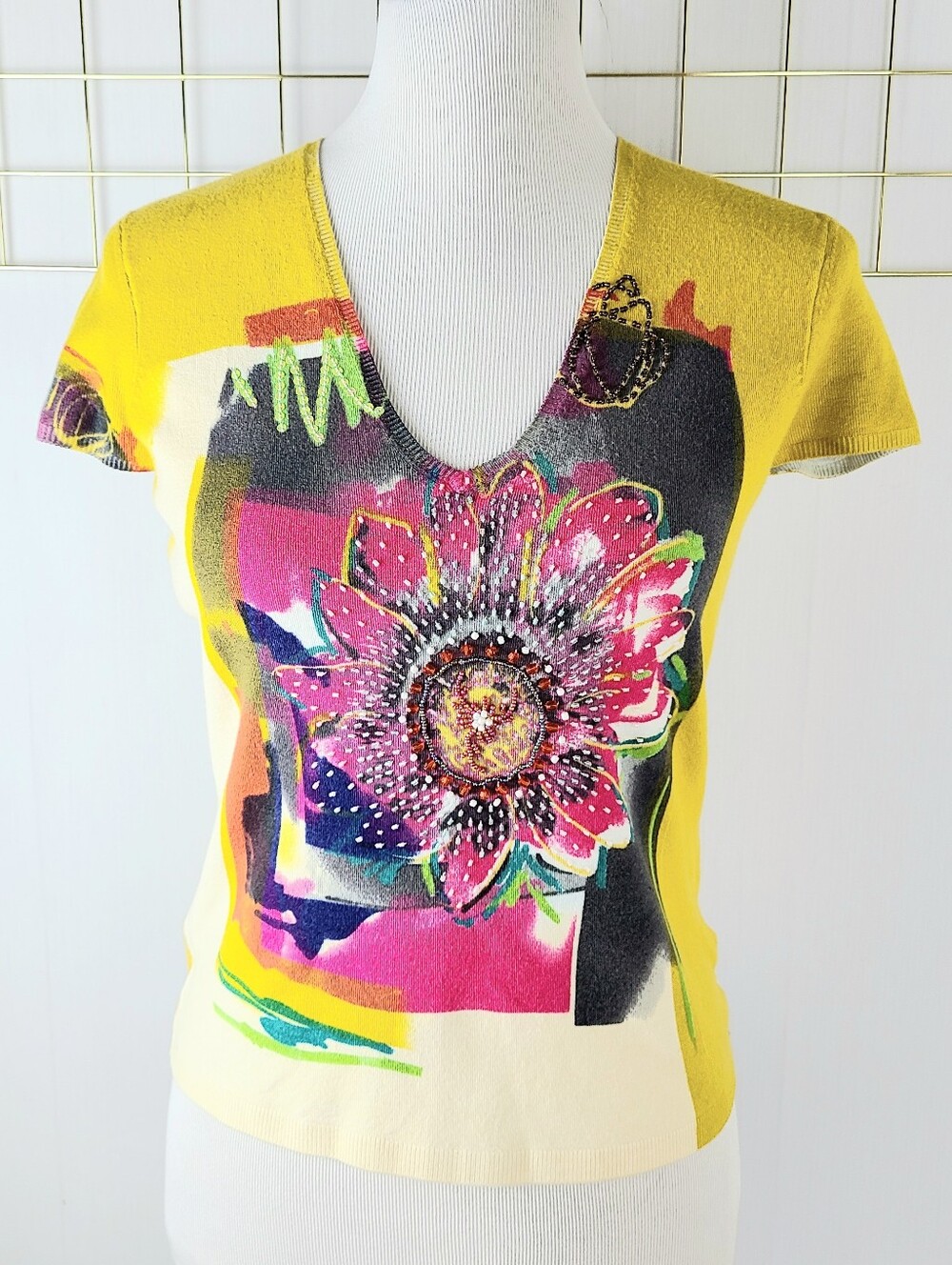 BCBGMaxAzria Vintage Floral Beaded Rhinestone Baby Tee